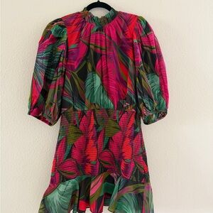 FARM Rio Pink Red Green Tropical Leaf Mini Dress